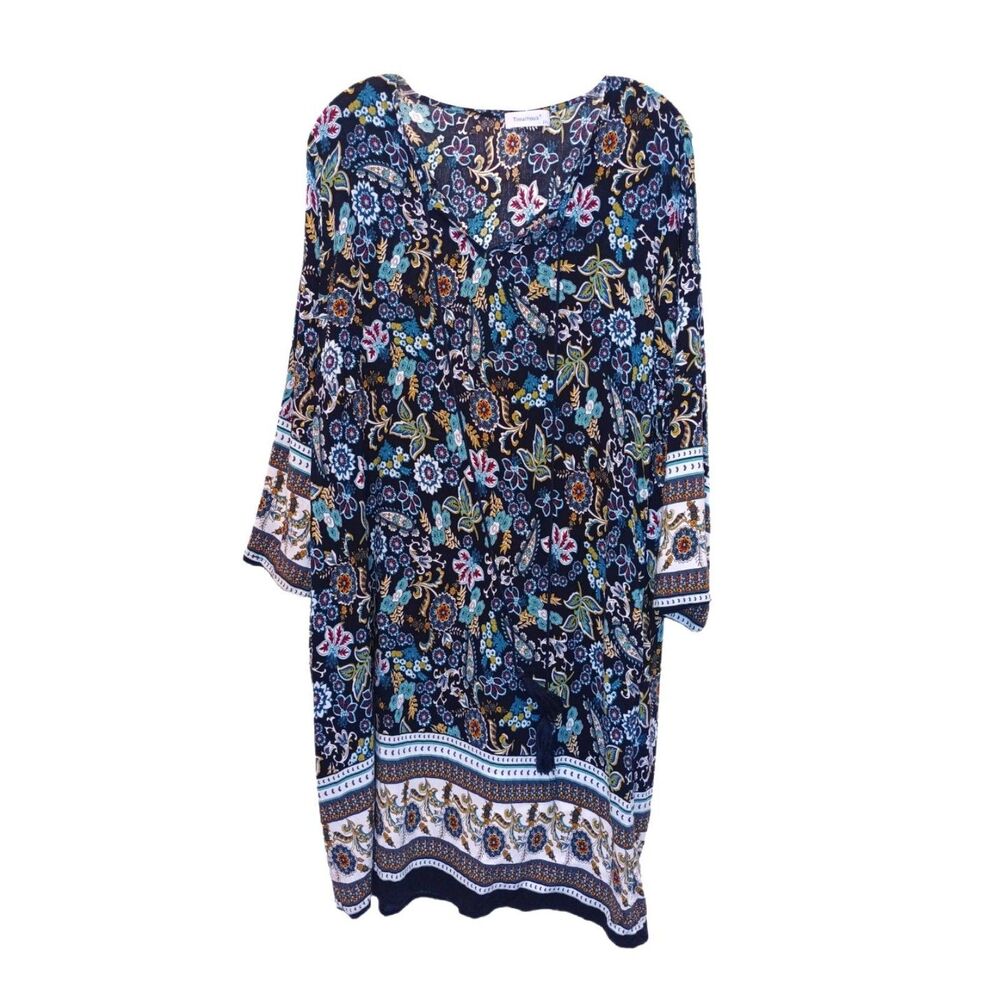 Timathous Boho Blue Paisley Long Slv Dress/Coverup Size 2X Summer Vintage Pool